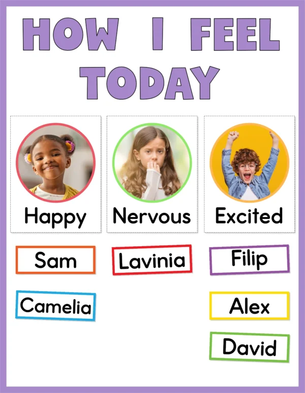 How I Feel Today class activity chart for the first day of school with editable name tags for students to show if they feel happy, nervous, or excited + more.