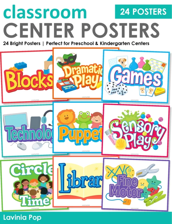 Set of 24 classroom center posters for preschool and kindergarten learning centers