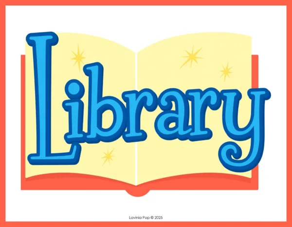 Bright library center poster for preschool and kindergarten classrooms | Free to Download from Kinder-Resources | Lavinia Pop