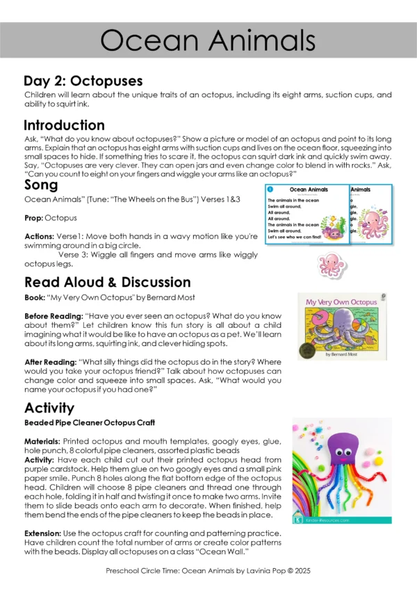 Ocean Animals Preschool Circle Time Plan: Day 2: Octopuses Lesson Plan | A full day of learning focused on octopuses. Includes read-aloud questions, movement, and hands-on activities.