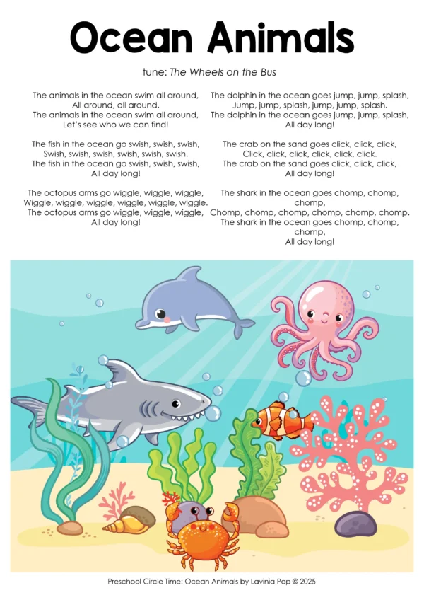 Ocean Animals Song Poster | Sing along to a fun, repetitive ocean-themed song that supports rhythm, memory, and vocabulary.