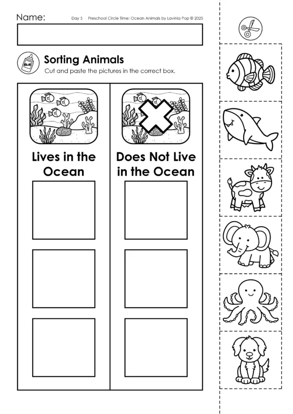 Ocean Animals Preschool Circle Time Plan: Ocean Animals Cut and Paste Sorting | Children sort animals into ocean or not-ocean categories. Great for science and vocabulary development.