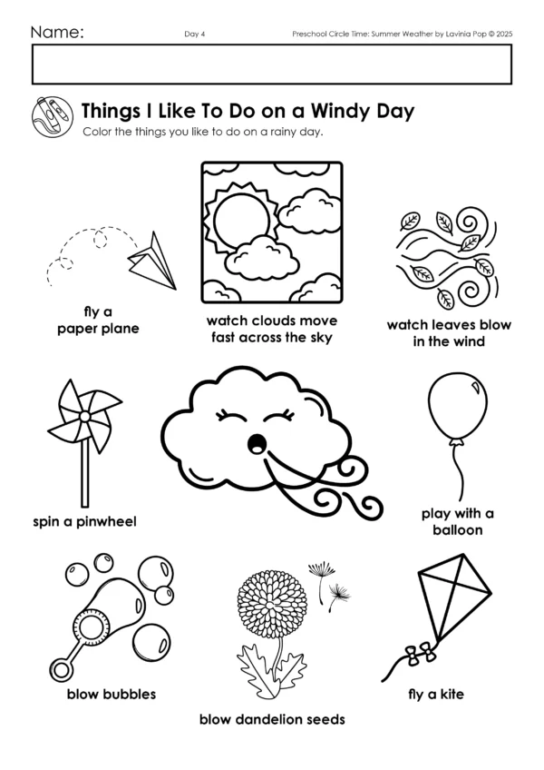 Summer Weather Theme Preschool Unit | Circle Time Printables and Activities | Pre-K | Day Care | Homeschool Currciulum | THings I Like to Do on a Windy Day Coloring Page