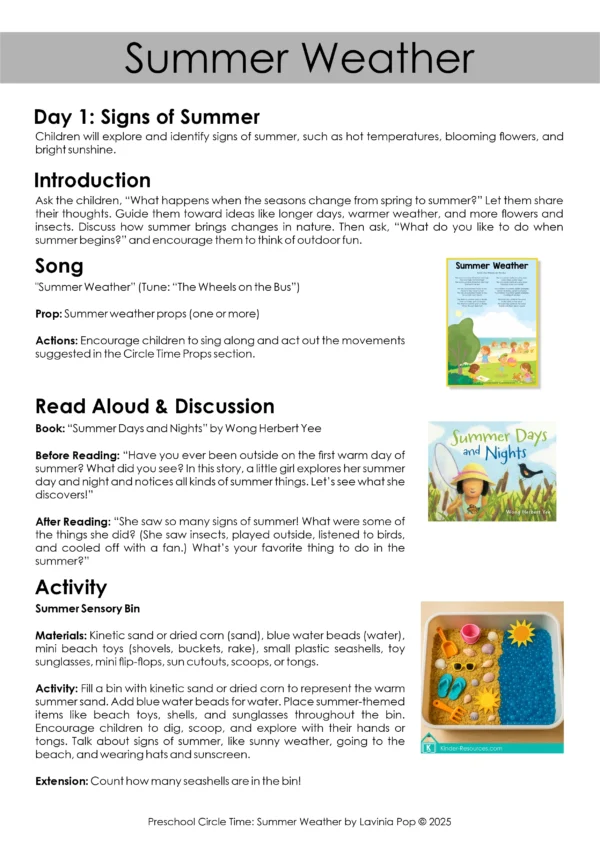 Summer Weather Theme Preschool Unit | Circle Time Printables and Activities | Pre-K | Day Care | Homeschool Currciulum | Day 1 Lesson Plan