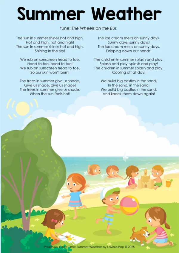 Summer Weather Theme Preschool Unit | Circle Time Printables and Activities | Pre-K | Day Care | Homeschool Currciulum | Summer Weather Preschool Song