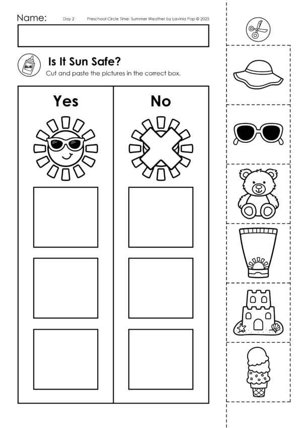Summer Weather Theme Preschool Unit | Circle Time Printables and Activities | Pre-K | Day Care | Homeschool Currciulum | Is It Sun Safe? Cut and paste worksheet