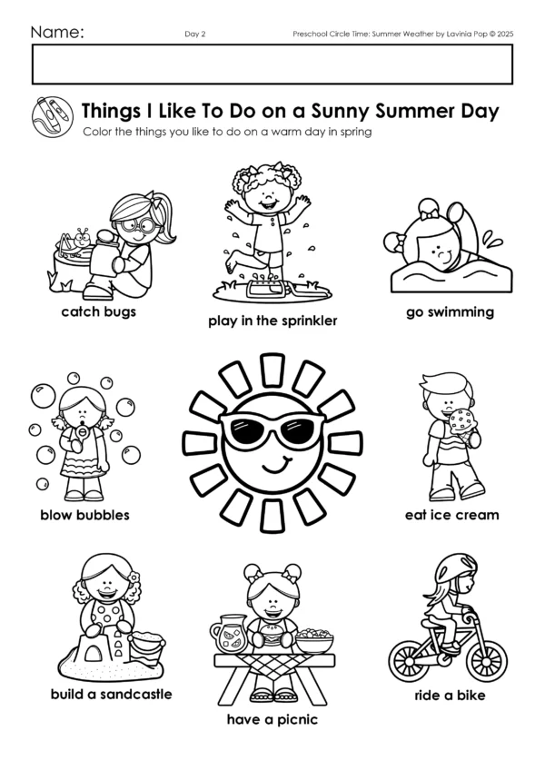 Summer Weather Theme Preschool Unit | Circle Time Printables and Activities | Pre-K | Day Care | Homeschool Currciulum | THings I Like to Do on a Sunny Summer Day Coloring Page