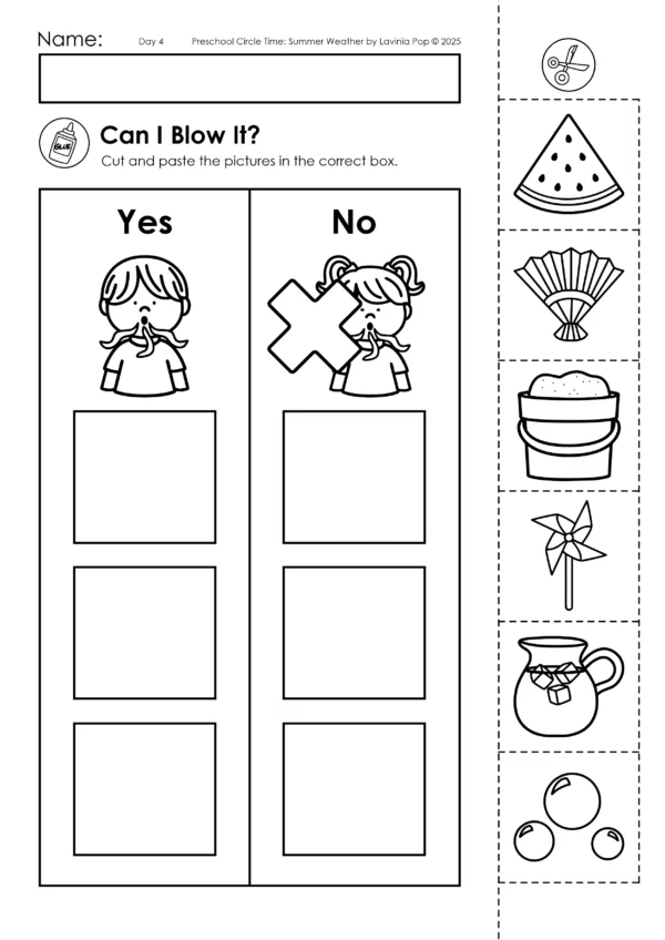 Summer Weather Theme Preschool Unit | Circle Time Printables and Activities | Pre-K | Day Care | Homeschool Currciulum | Can I blow it? cut and paste worksheet