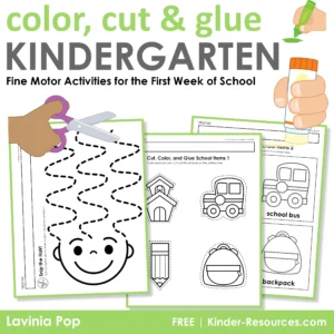 Free Color cut and glue kindergarten fine motor activities for the first week of school. Includes haircut pages and school supply cut and paste worksheets to build scissor skills and matching practice.