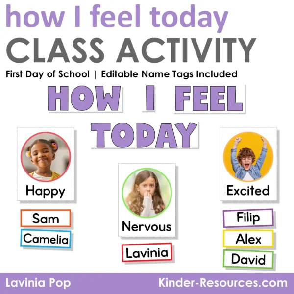 How I Feel Today class activity chart for the first day of school with editable name tags for students to show if they feel happy, nervous, or excited + more.