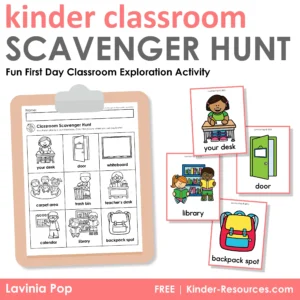 Free Kindergarten Classroom Scavenger Hunt | Printable scavenger hunt sheet on a clipboard and colorful classroom item cards. A fun first day of school activity for students to explore the classroom by Lavinia Pop.