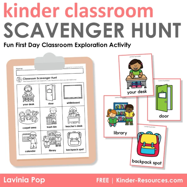Free Kindergarten Classroom Scavenger Hunt | Printable scavenger hunt sheet on a clipboard and colorful classroom item cards. A fun first day of school activity for students to explore the classroom by Lavinia Pop.