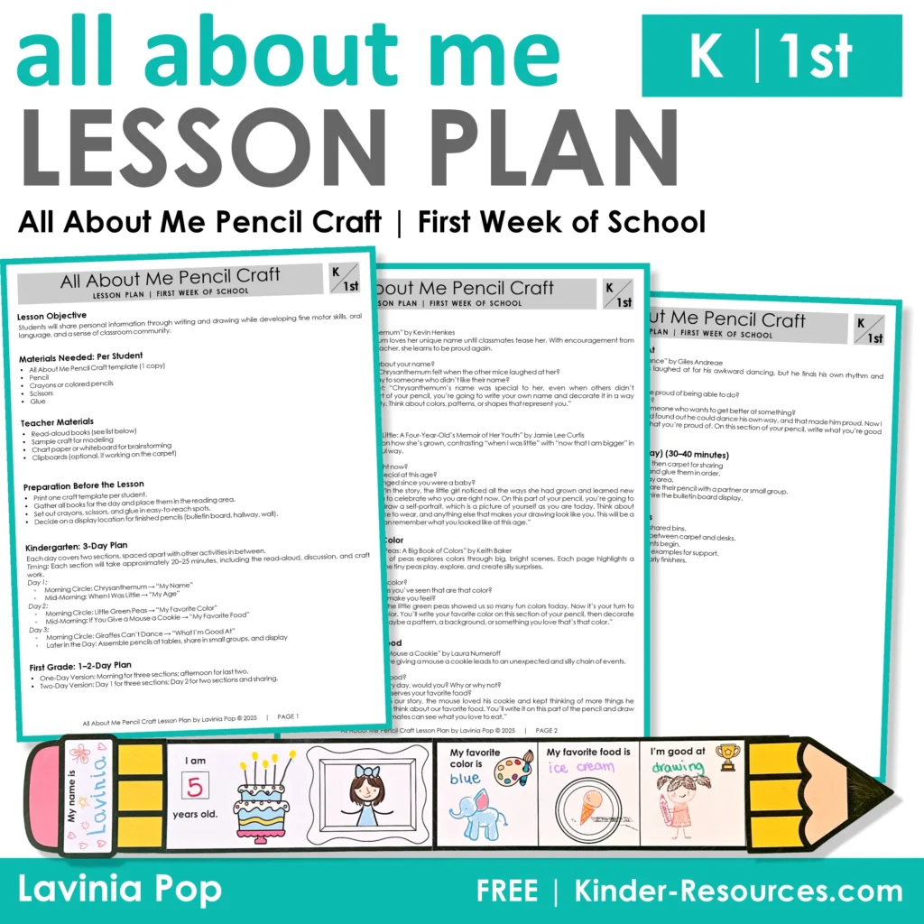 All About Me Pencil Craft lesson plan for the first week of school in kindergarten and first grade. Includes read-aloud book suggestions, discussion prompts, and pacing guides for a fun back to school activity. Perfect for building classroom community while practicing early writing and drawing skills.