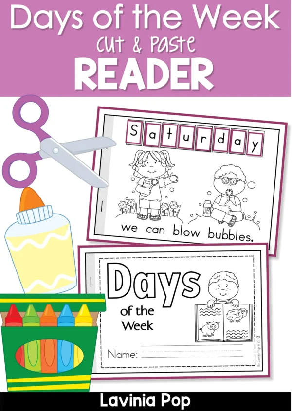 FREE Printable Days of the Week Cut and Paste Reader for kindergarten and preschool, featuring interactive pages for learning the days of the week through cutting, pasting, and reading activities.