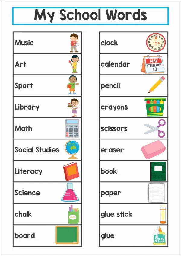 School word wall vocabulary list with subjects and classroom items including music, art, math, library, pencil, crayons, scissors, eraser, book, paper, and glue stick.
