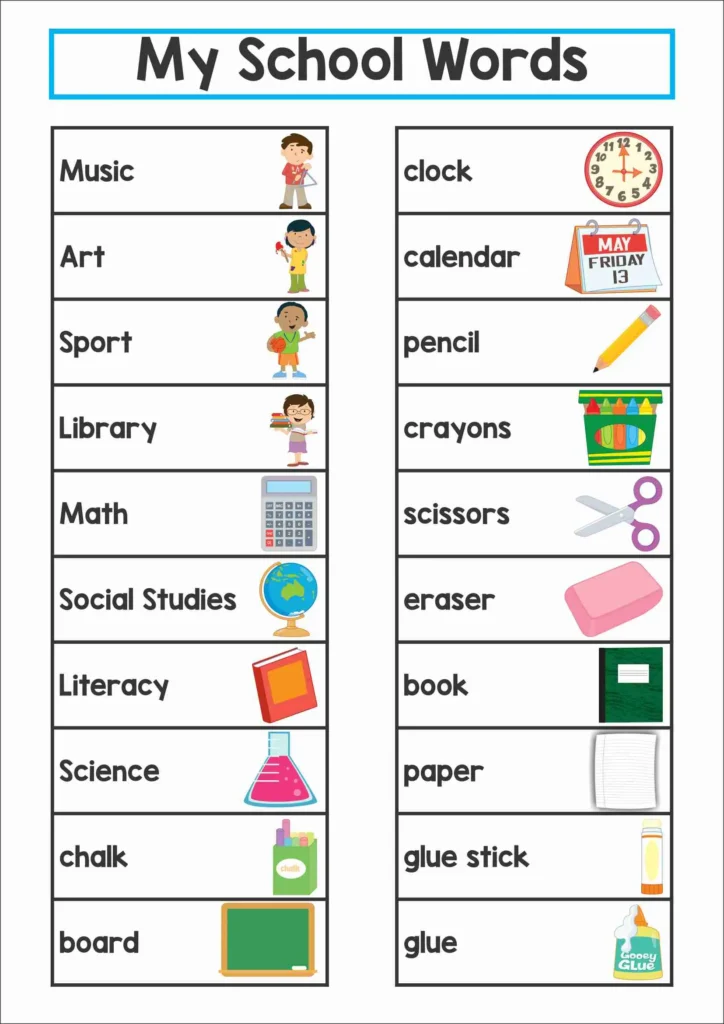 School word wall vocabulary list with subjects and classroom items including music, art, math, library, pencil, crayons, scissors, eraser, book, paper, and glue stick.