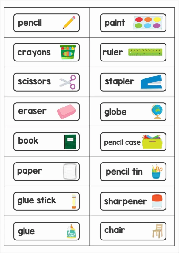 School vocabulary word wall cards featuring classroom supplies such as pencil, crayons, paint, ruler, stapler, globe, pencil case, sharpener, and chair.
