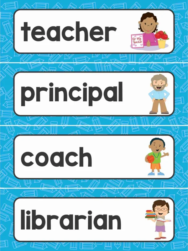 Free school word wall cards with vocabulary for people at school including teacher, principal, coach, and librarian for classroom writing centers.