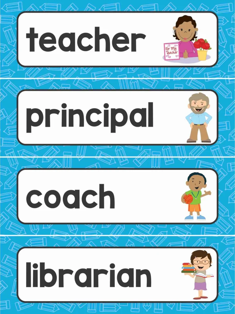 Free school word wall cards with vocabulary for people at school including teacher, principal, coach, and librarian for classroom writing centers.