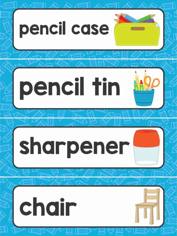 Word wall cards for classroom objects including pencil case, pencil tin, sharpener, and chair to support school vocabulary and independent writing.
