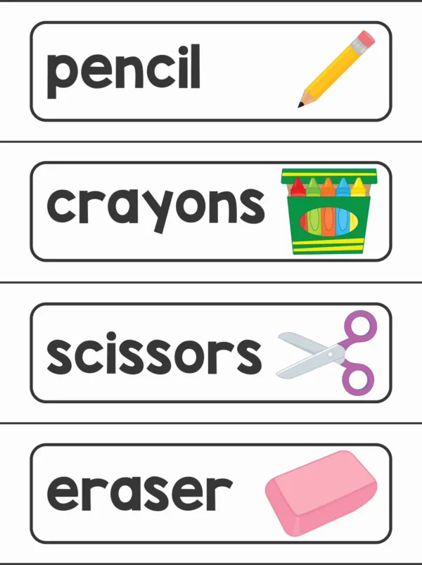 Printable word wall cards featuring common school supplies such as pencil, crayons, scissors, and eraser with matching visuals for kindergarten literacy centers.