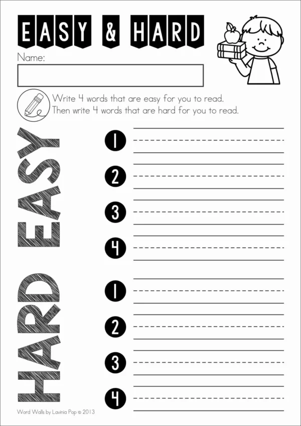 Printable word wall worksheet where students sort school vocabulary into easy and hard words to build reading fluency and independent writing skills.