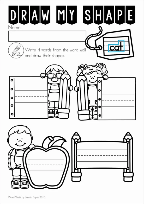 Word wall worksheet titled Draw My Shape where students write school vocabulary words and illustrate them to practice spelling and comprehension.
