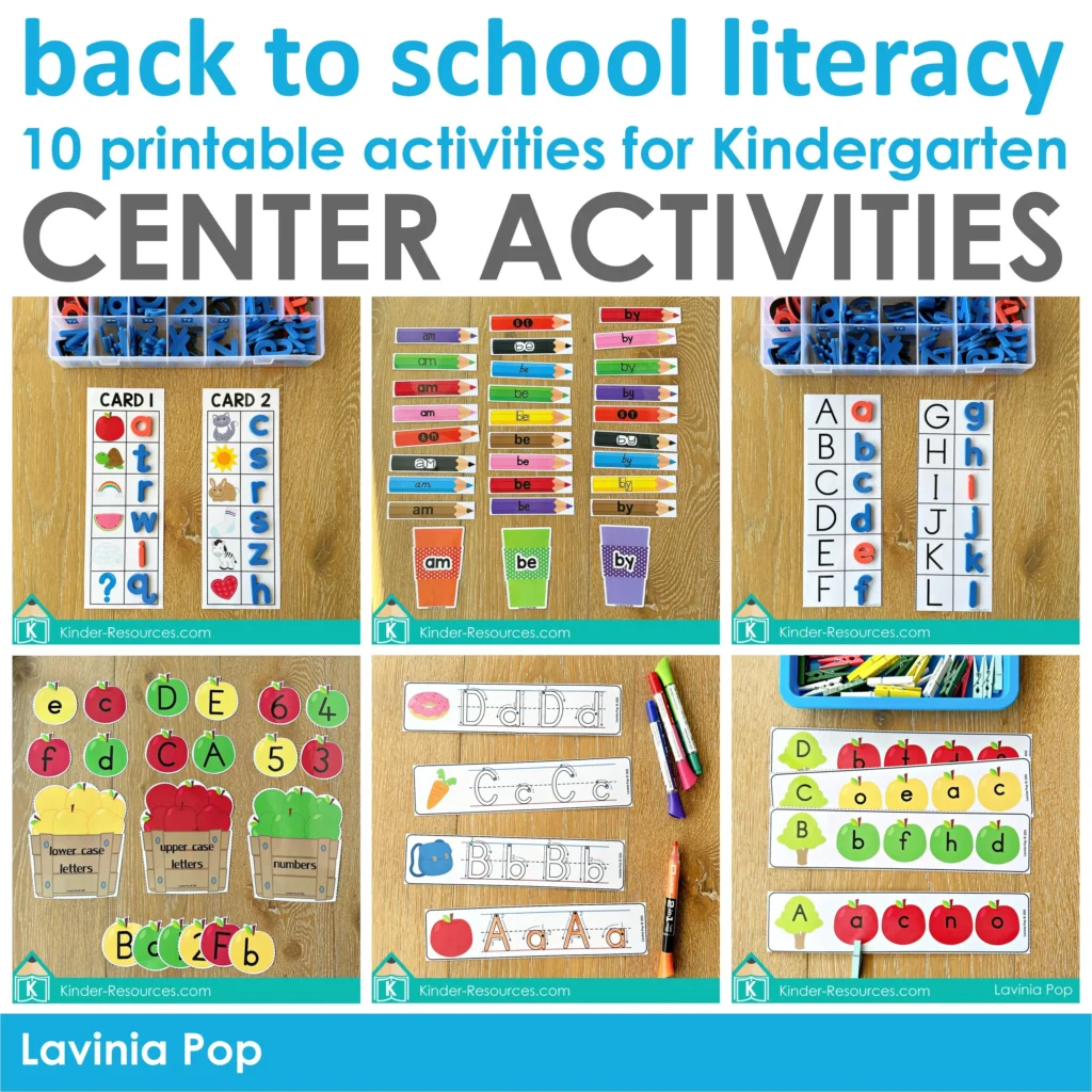 Back to School Kindergarten Literacy Centers | 10 Printable Activities | Alphabet | Numbers | Sight Words | Word Families | Syllables