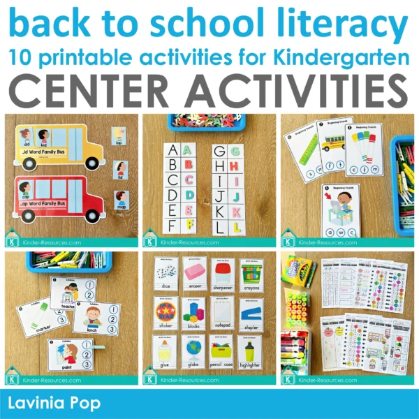 Back to School Kindergarten Literacy Centers | 10 Printable Activities | Alphabet | Numbers | Sight Words | Word Families | Syllables