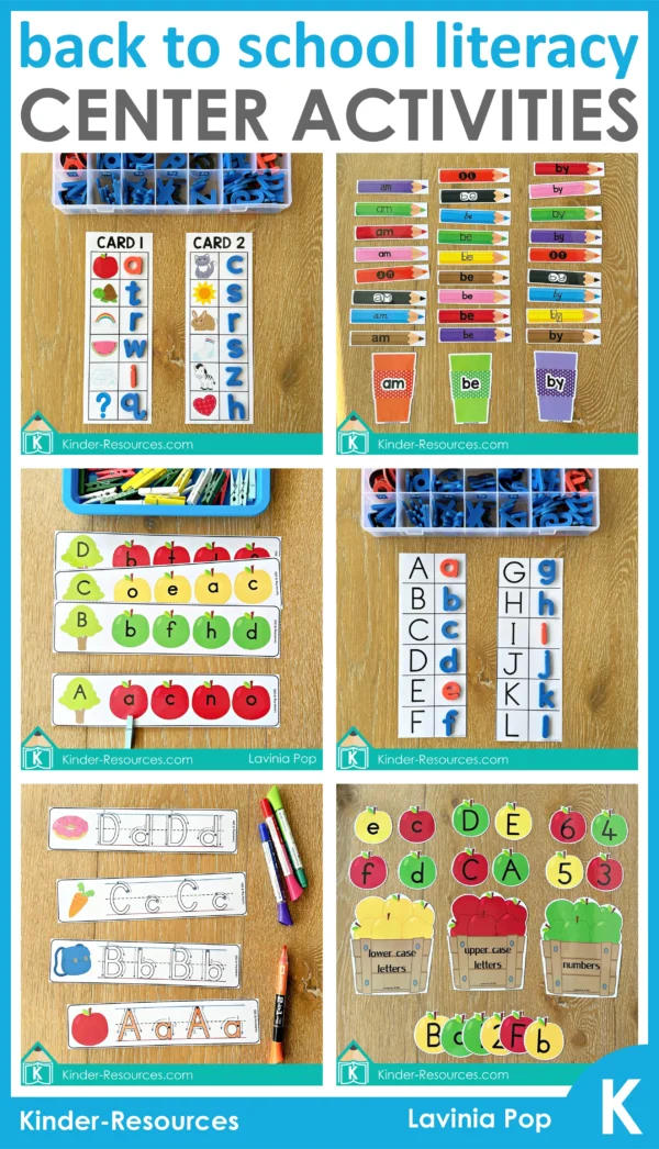 Back to School Kindergarten Literacy Centers | 10 Printable Activities | Alphabet | Numbers | Sight Words | Word Families | Syllables