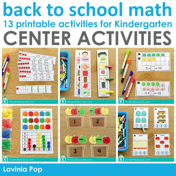 Back to School Kindergarten Math Centers | 13 Printable Activities Numbers | Counting | Shapes | Graphing | Addition | Numbers Sense | Patterns | Sorting