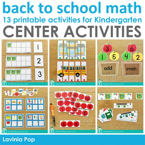 Back to School Kindergarten Math Centers | 13 Printable Activities Numbers | Counting | Shapes | Graphing | Addition | Numbers Sense | Patterns | Sorting