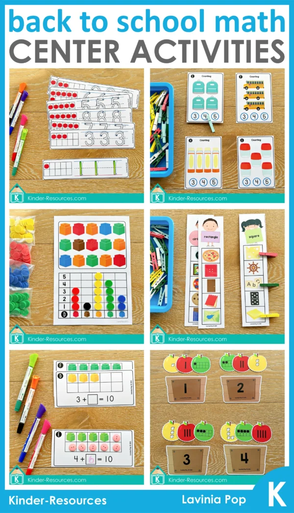 Back to School Kindergarten Math Centers | 13 Printable Activities Numbers | Counting | Shapes | Graphing | Addition | Numbers Sense | Patterns | Sorting