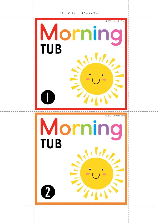 Free printable morning tub labels 1–30 for classroom organization. Bright sun design on storage bins, perfect for kindergarten or first grade morning tubs and centers.