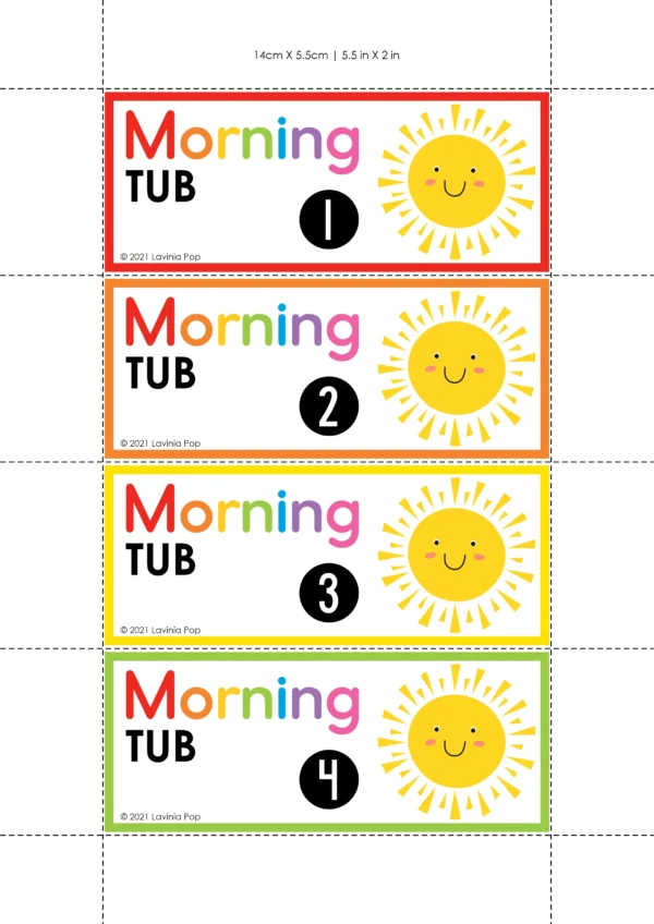 Free printable morning tub labels 1–30 for classroom organization. Bright sun design on storage bins, perfect for kindergarten or first grade morning tubs and centers.