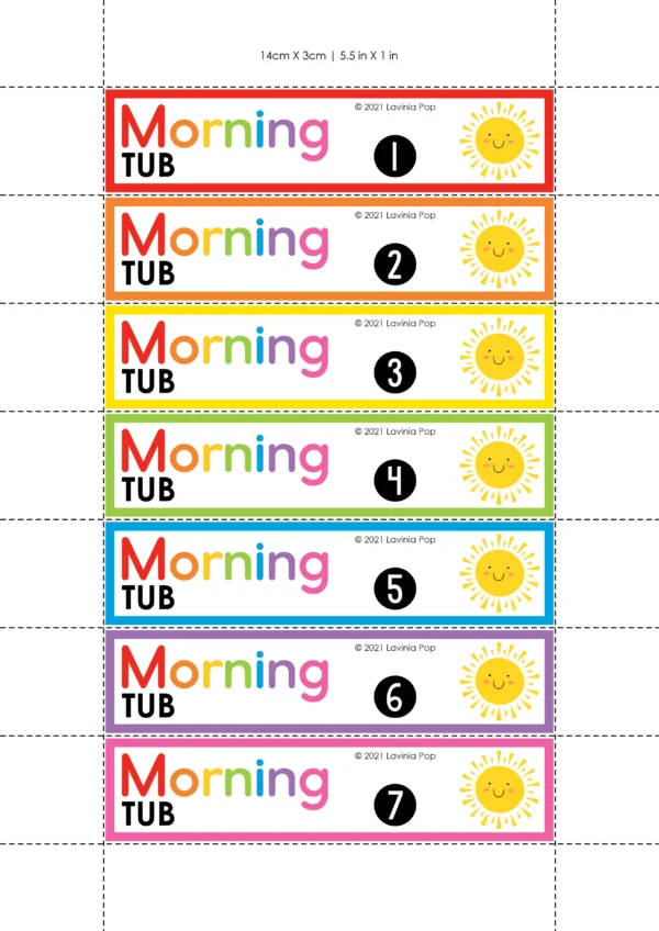 Free printable morning tub labels 1–30 for classroom organization. Bright sun design on storage bins, perfect for kindergarten or first grade morning tubs and centers.