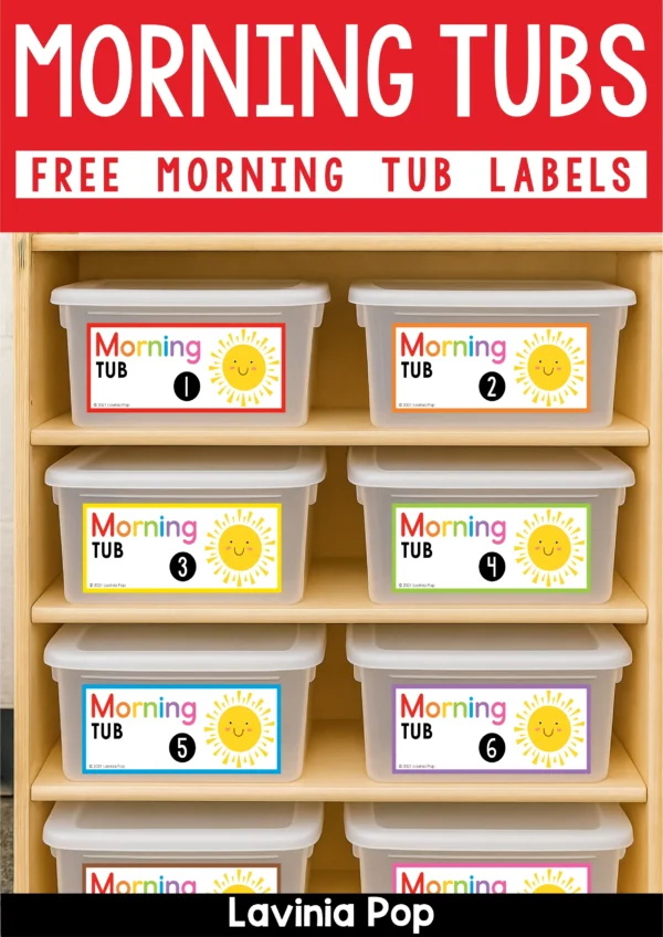 Free printable morning tub labels 1–30 for classroom organization. Bright sun design on storage bins, perfect for kindergarten or first grade morning tubs and centers.