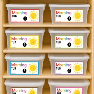 Free printable morning tub labels 1–30 for classroom organization. Bright sun design on storage bins, perfect for kindergarten or first grade morning tubs and centers.