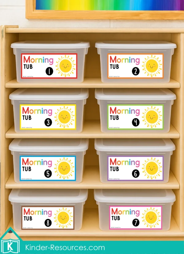 Free printable morning tub labels 1–30 for classroom organization. Bright sun design on storage bins, perfect for kindergarten or first grade morning tubs and centers.