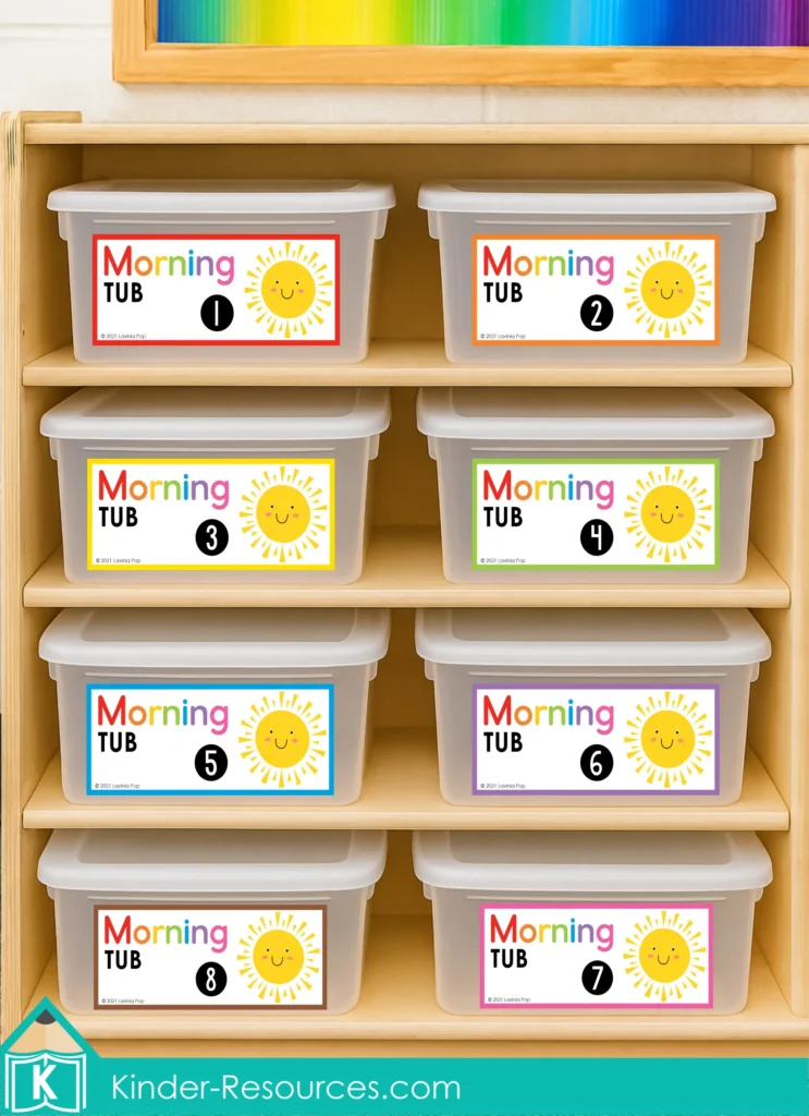 Free printable morning tub labels 1–30 for classroom organization. Bright sun design on storage bins, perfect for kindergarten or first grade morning tubs and centers.