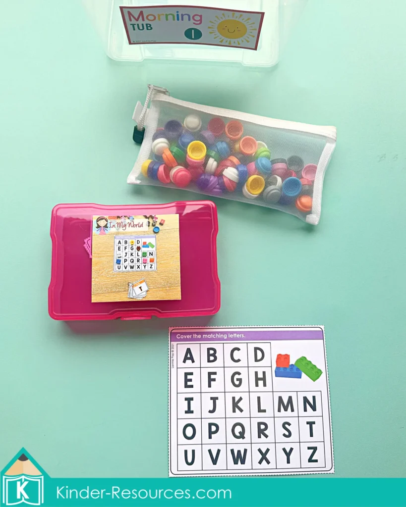 Kindergarten literacy center activity for matching uppercase letters using tactile manipulatives and reusable mats