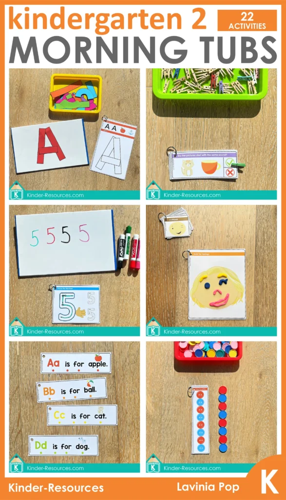 Kindergarten Morning Tubs Set 2 includes 22 printable activities for literacy, math, fine motor, and social-emotional learning. Perfect for hands-on morning bins, centers, or independent work in preschool and kindergarten classrooms. Free sample pages available on the blog.