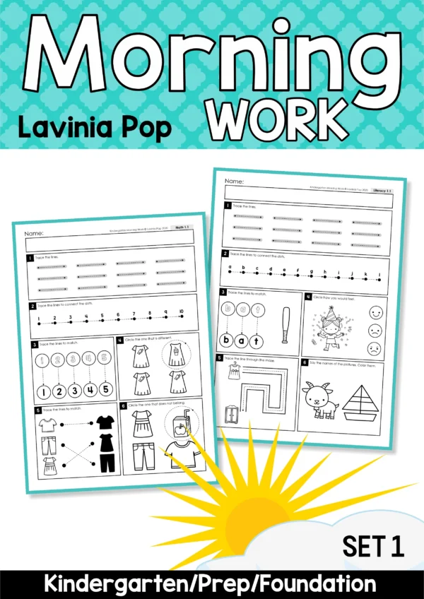 Kindergarten Morning Work Set 1 packet with 40 literacy and math worksheets featuring tracing, matching, rhyming, and fine motor practice.