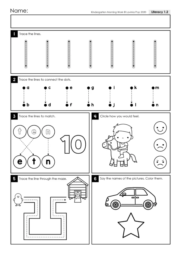 Kindergarten literacy worksheet with tracing lines, letter matching, feelings activity, maze, and picture naming to support early reading and fine motor skills.