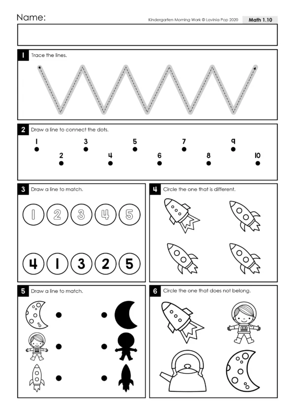 Kindergarten math worksheet with zigzag line tracing, number connections, number matching, spot the different picture, and odd-one-out practice.