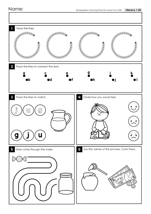 Kindergarten literacy worksheet with curved line tracing, letter connections, CVC word practice, feelings check-in, maze tracing, and picture naming.