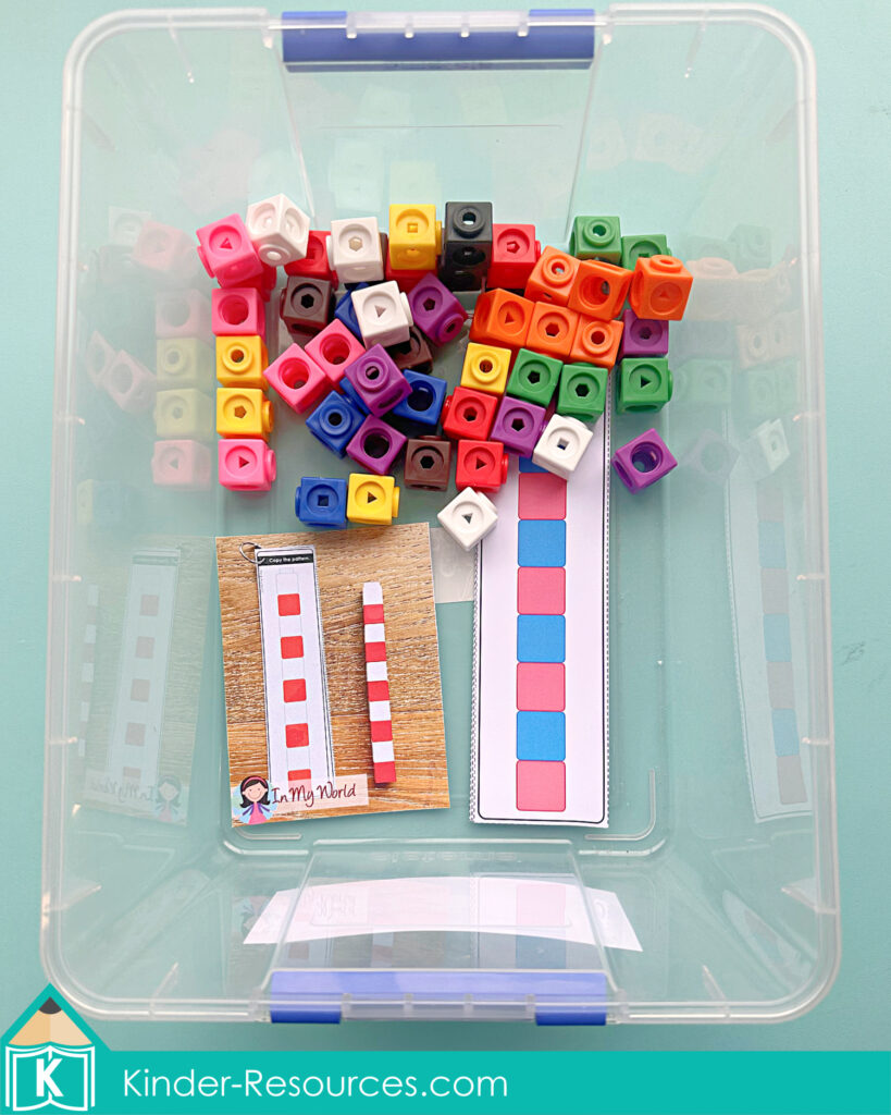 Kindergarten math patterning activity for morning tubs using Unifix cubes and copy the pattern task cards