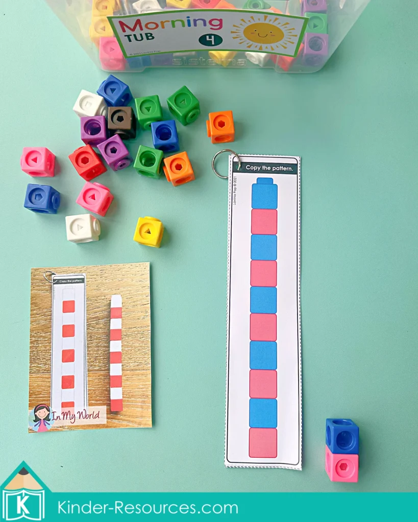 Kindergarten morning tub patterning center with hands-on counting cube activity and visual task cards