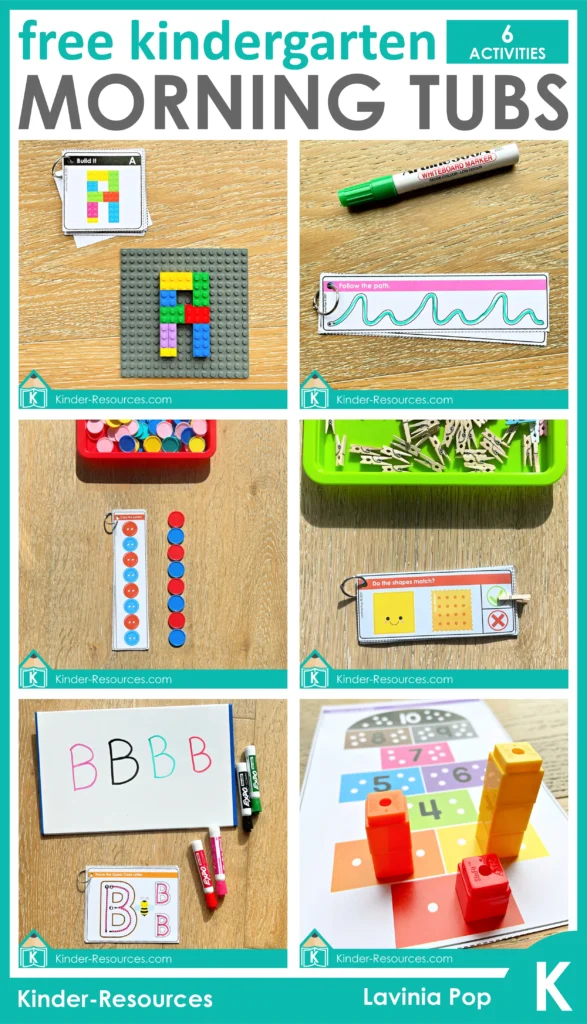 Free kindergarten morning tubs featuring hands-on activities for fine motor skills, letter tracing, shape building, counting, and alphabet recognition using fun manipulatives and printables.