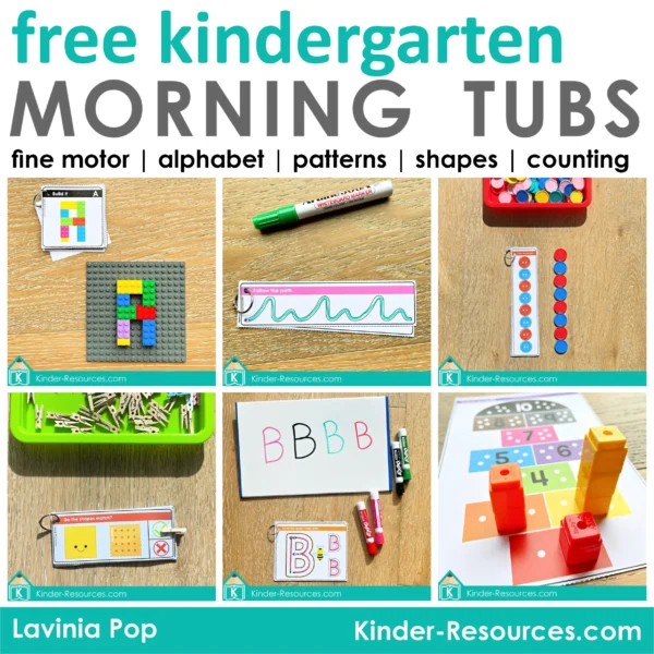 Free kindergarten morning tubs with hands on activities for fine motor skills, alphabet, shapes, patterns, and counting. Includes printable cards